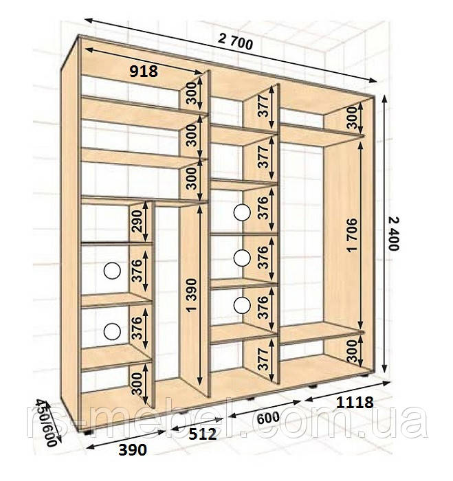 Шафа-купе 2700х450х2400, 3 двері (Алекса), фото 1