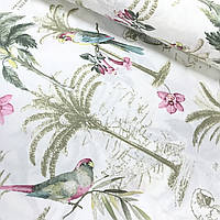Ткань поплин розово-голубые попугаи с пальмами на белом (ТУРЦИЯ шир. 2,4 м) (R-G-0271)