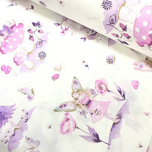 Тканина поплін феї з квіточками та грибочками рожево-фіолетові на білому (ТУРЦІЯ шир. 2,4 м)