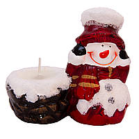 Декоративний новорічний свічник Сніговик зі свічкою, 11х9,5х9,8 см, білий з червоним, кераміка (441655)