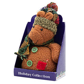 М'яка ялинкова іграшка Коричневий ведмідь з червоною кишенею, 14 см, коричневий, текстиль, новорічна фігурка (000029-15)