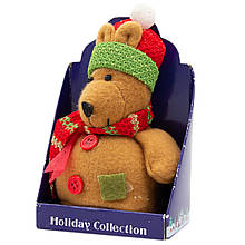 М'яка ялинкова іграшка Коричневий ведмідь у червоній шапці, 9 см, коричневий, текстиль, новорічна фігурка (000265-11)