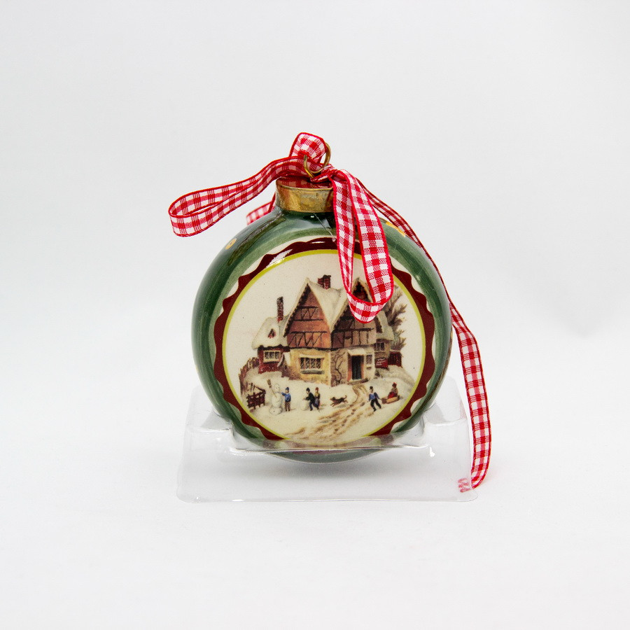 Ялинкова іграшка плоский шар з малюнком будиночка, D7,5 см, зелений, кераміка (000616-2)