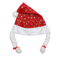Новогодний колпак с косичками, 55-56 см, красный, полиэстер и вельвет карнавальный головной убор для вечеринок