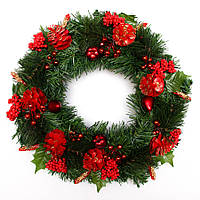 Венок рождественский украшенный, красный декор, 35 см, зеленый (471003)