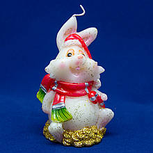 Декоративна новорічна свічка Кролик з червоним шарфом, 7,6 см, білий з червоним, віск (440177-2)