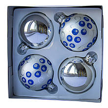 Набір ялинкових куль, 4 шт, D7 см, сріблястий, мікс, в синю крапку, скло (390335-15)