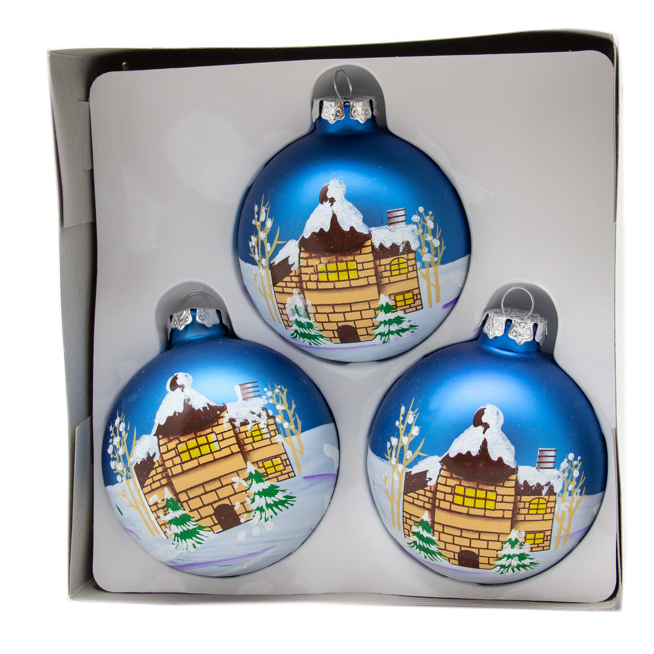 Набір ялинкових куль з розписом, 3 шт, D8 см, синій, матовий, скло (390441-4), фото 1