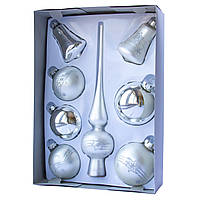 Набор елочных игрушек шары с верхушкой, 8 шт, D6-8 см, серебристый, в маленькие звезды, стекло (390281-2)