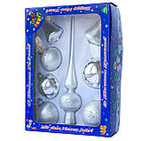 Набір ялинкових іграшок кулі з верхівкою, 8 шт, D6-8 см, сріблястий, в маленькі зірки, скло (390281-2), фото 2