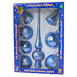 Набір ялинкових іграшок кулі з верхівкою, 8 шт, D6-8 см, синій, у великі зірки, скло (390281-16), фото 2