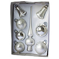 Набір ялинкових іграшок кулі з верхівкою, 8 шт, D6-8 см, сріблястий, в великі зірки, скло (390281-20)