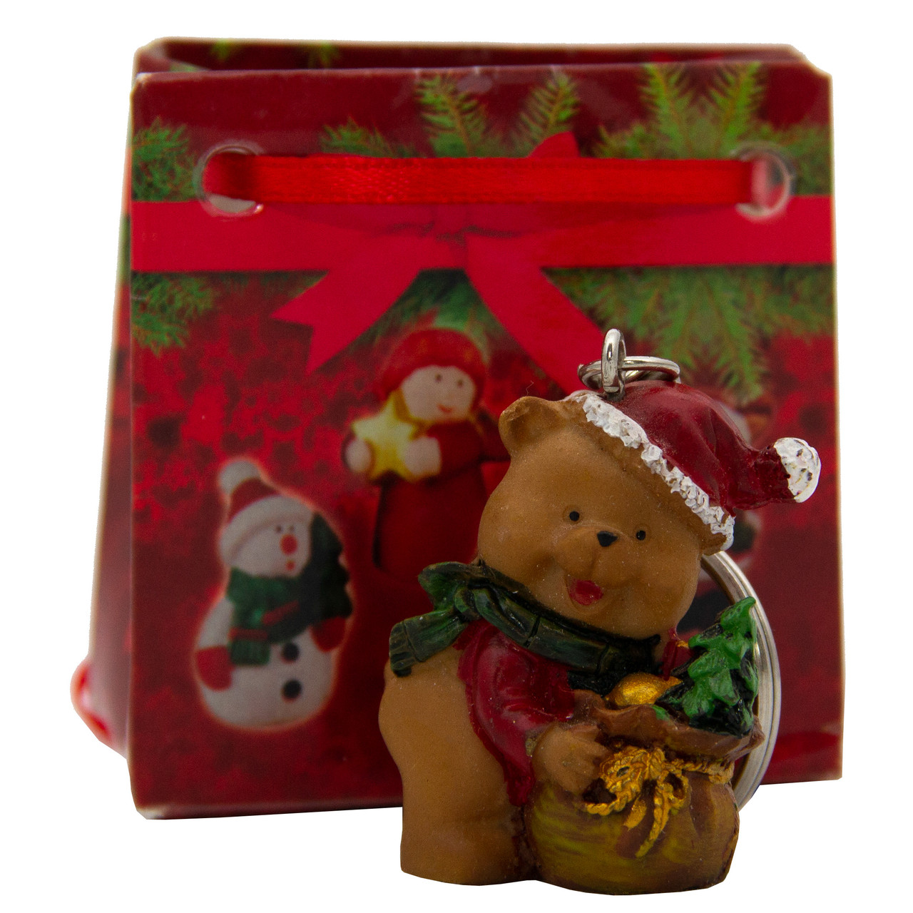 Декоративна новорічна фігурка-брелок Ведмедик у паперовому пакеті, 5 см, коричневий, полістоун, папір (022304-3)