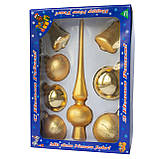 Набір ялинкових іграшок кулі з верхівкою, 8 шт, D6-8 см, золотистий, сніжинки, скло (390281-4), фото 2