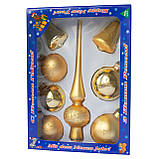 Набір ялинкових іграшок кулі з верхівкою, 8 шт, D6-8 см, скло, золотистий, у ялинку (390281-21), фото 2