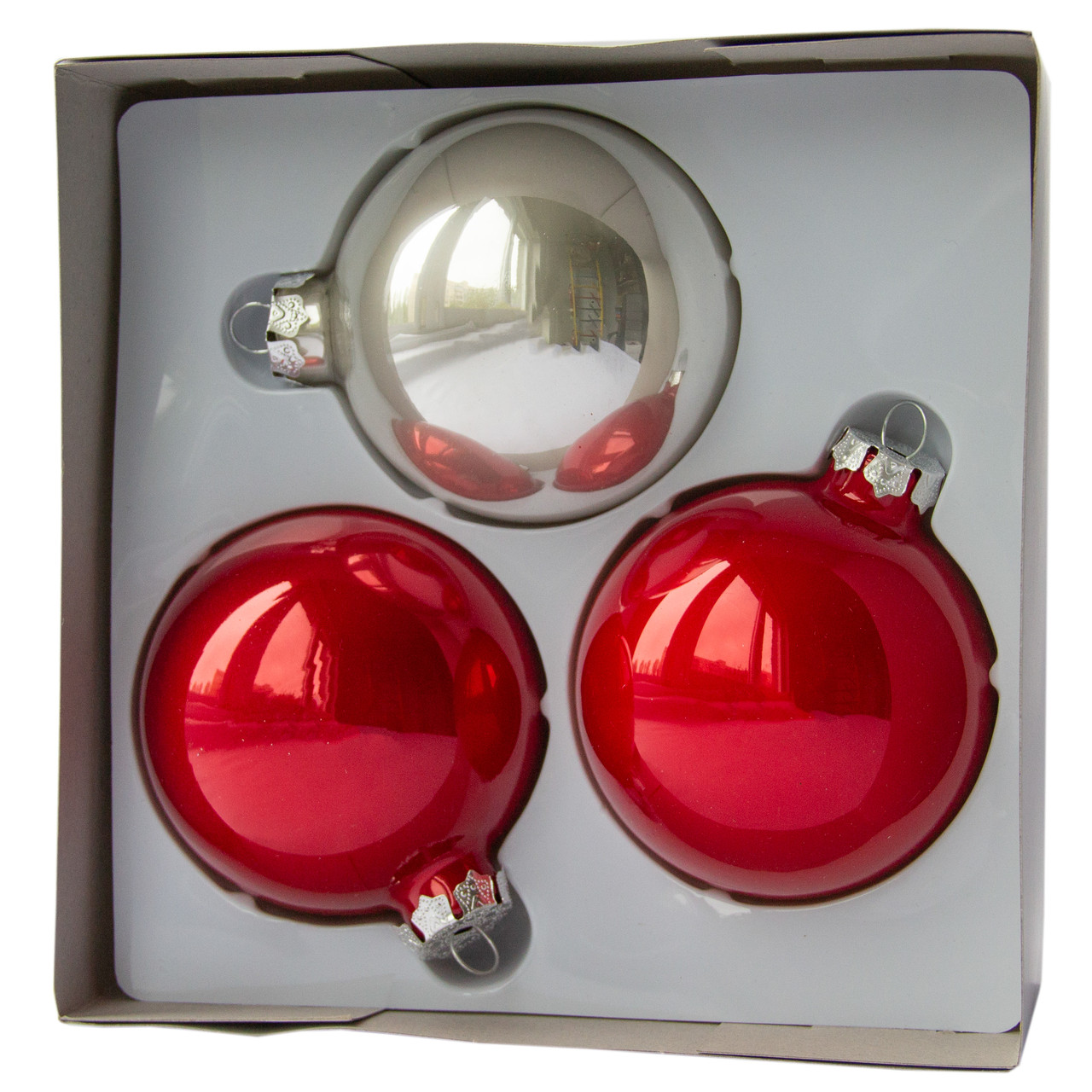 Набір ялинкових куль, 3 шт, D8 см, червоний, сріблястий, скло (390656-2), фото 1