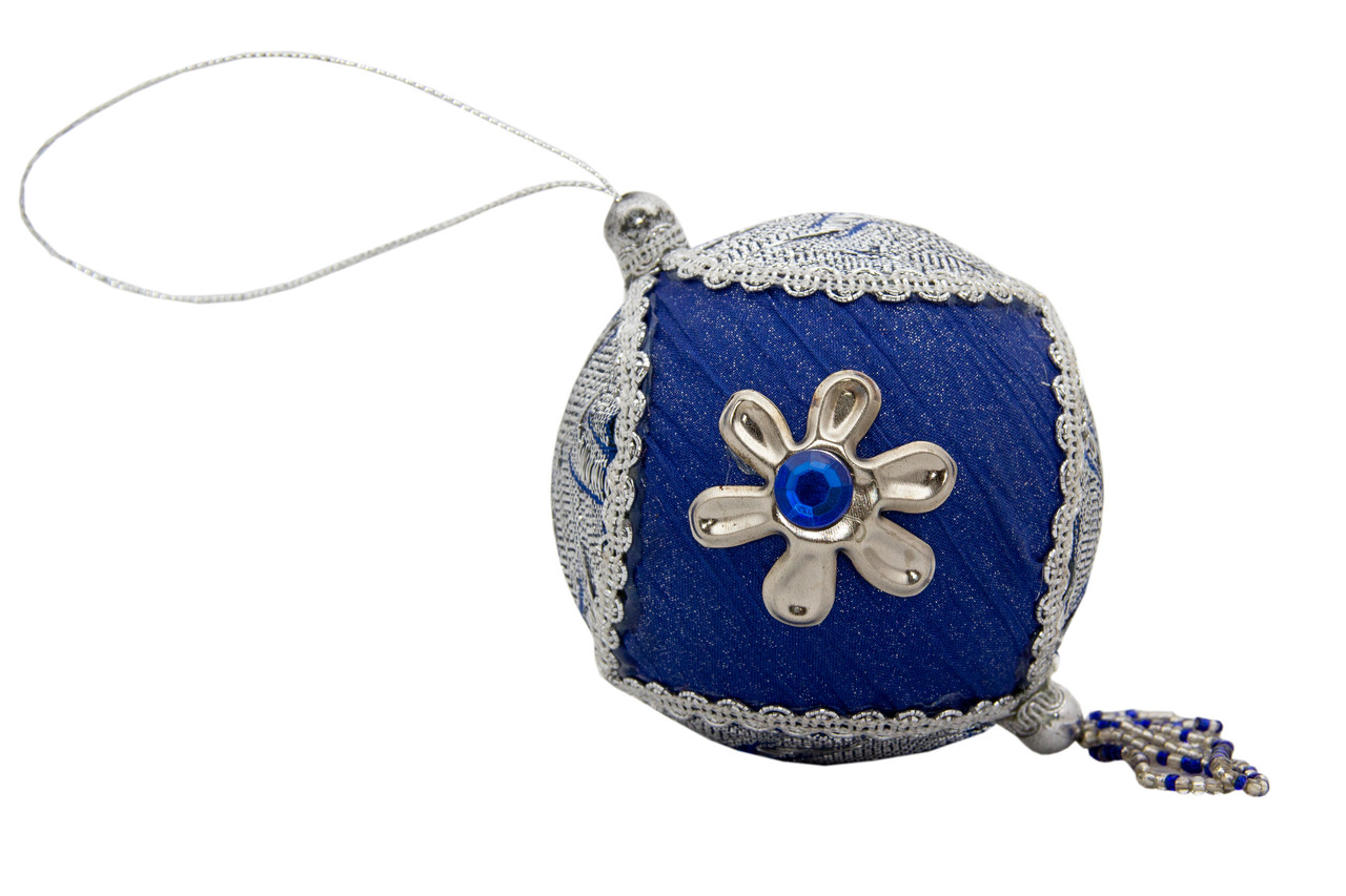 Ялинкова куля з тканини вишита бісером, D10 см, синій, текстиль (430260-1), фото 1