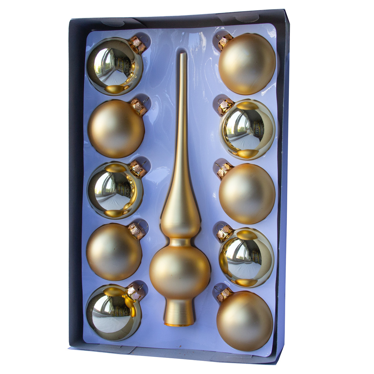 Набір ялинкових іграшок кулі з верхівкою, 11 шт, D6 см, золотистий, скло (390243-2), фото 1