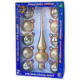 Набір ялинкових іграшок кулі з верхівкою, 11 шт, D6 см, золотистий, сніжинки, скло (390236-2), фото 2