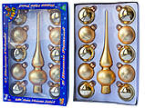 Набір ялинкових іграшок кулі з верхівкою, 11 шт, D6 см, золотистий, сніжинки, скло (390236-2), фото 3