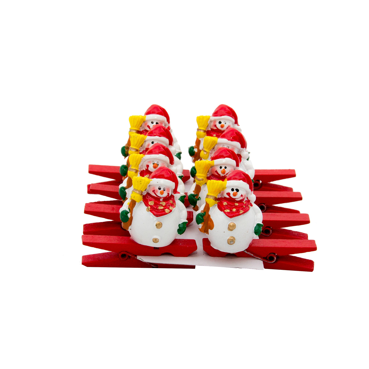 Ялинкові іграшки набір дерев'яні прищіпки Сніговик, 8 шт, 9х9 см, червоний, дерево, Набір новорічних іграшок (060610-8), фото 1