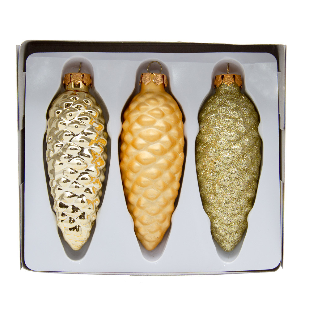 Набір ялинкових іграшок шишки, 3 шт, 10 см, золотистий, скло (390137-2), фото 1