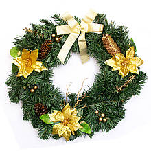 Вінок різдвяний прикрашений, золотистий декор, 51 см, зелений (470297)