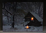 Картина з світловими ефектами зимовий будинок зі світлим вікном і вуличним вогнем, 3 LЕD лампи що мерехтять, 30х40 см (940164), фото 4