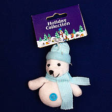 М'яка ялинкова іграшка Ведмідь у блакитний шапочці і шарфику, 9 см, білий із блакитним, текстиль, новорічна фігурка (000159-3)