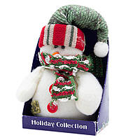 Мягкая елочная игрушка Снеговик в зеленой шапке с помпоном, 9 см, белый с зеленым, войлок, новогодняя фигурка