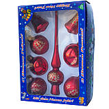 Набір ялинкових іграшок кулі з верхівкою, 8 шт, D6-8 см, червоний з ялинкою, скло (390281-6), фото 2