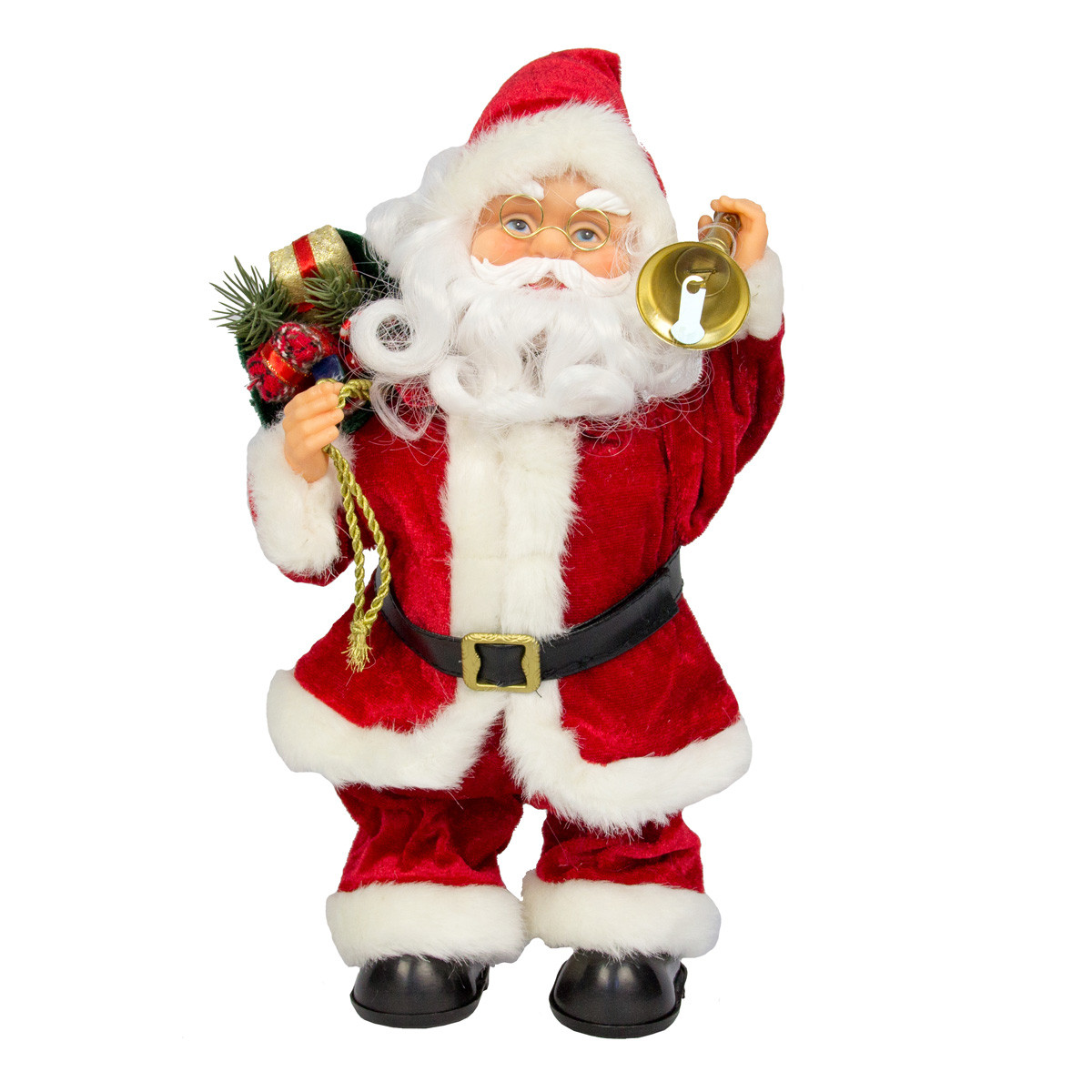 Новорічна фігурка Музичний Дід Мороз в шубі з подарунками і дзвіночком, інтерактивний 36 см, червоний (230167)