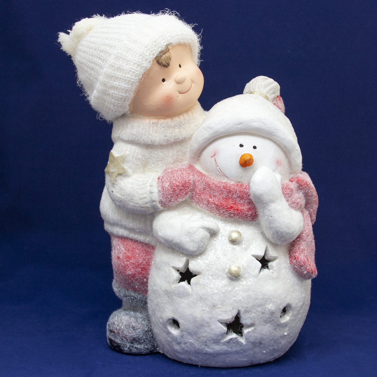 Декоративна новорічна фігурка Хлопчик і Сніговик, 28х22х40,5 см, білий з рожевим, магнезія (920142)