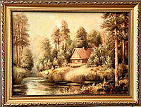 Большая картина пейзаж из янтаря " Домик в лесу "