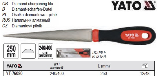 Напильник алмазний YATO півкруглий l=250/150 мм G240/G400 YT-76080