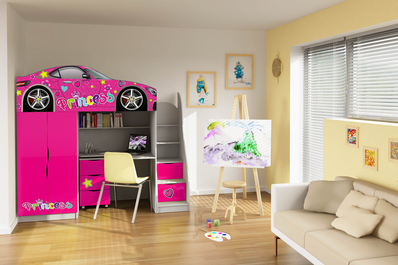 Кровать машина чердак машинка Леди Princess с комодом-лестницей, + стол и шкаф для девочки - фото 2 - id-p1226590060