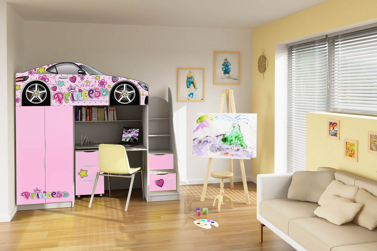 Кровать машина чердак машинка Леди Princess с комодом-лестницей, + стол и шкаф для девочки - фото 4 - id-p1226590060