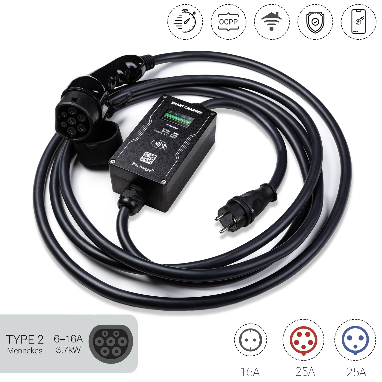 OnCharger Type2 16A 3.7 kW NFC WiFi УЗО Зарядний пристрій для електромобіля OC1M-16A-Mennekes