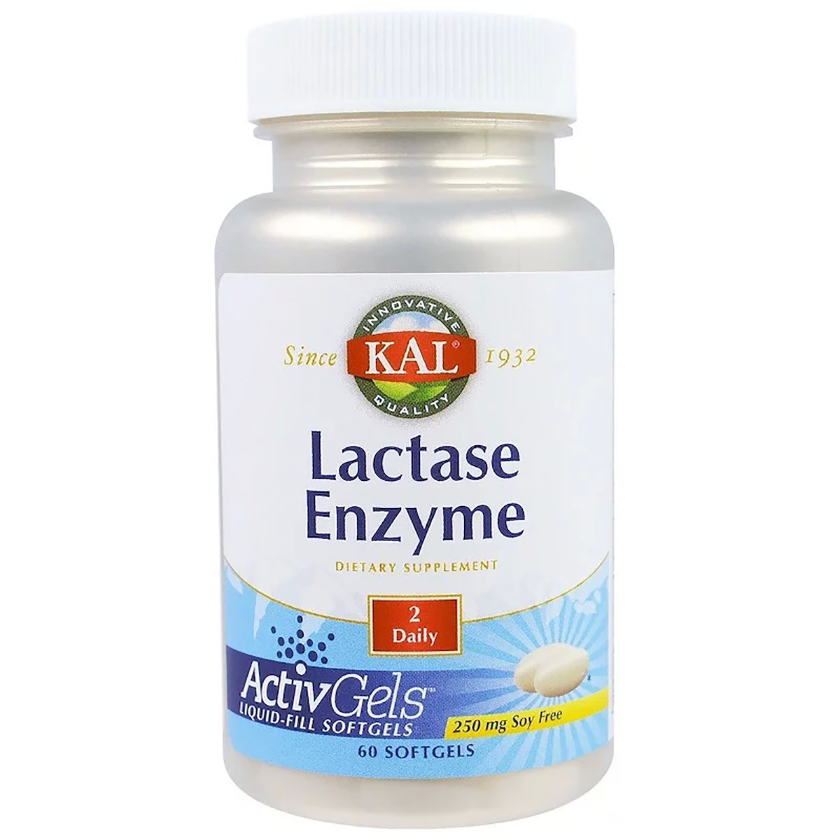 Лактаза, Lactase Enzyme, KAL, 250 мг, 60 гельових капсул