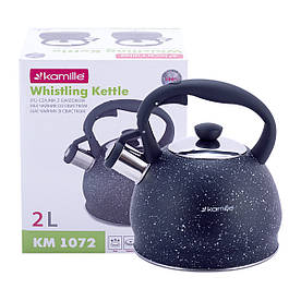 Чайник Kamille Чорний 2л з нержавіючої сталі зі свистком і нейлонової ручкою для індукції і газу KM-1072