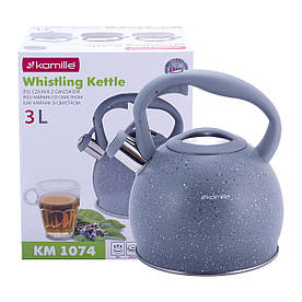 Чайник Kamille Сірий 3л з нержавіючої сталі зі свистком і ручкою "soft-touch" для індукції і газу KM-1074