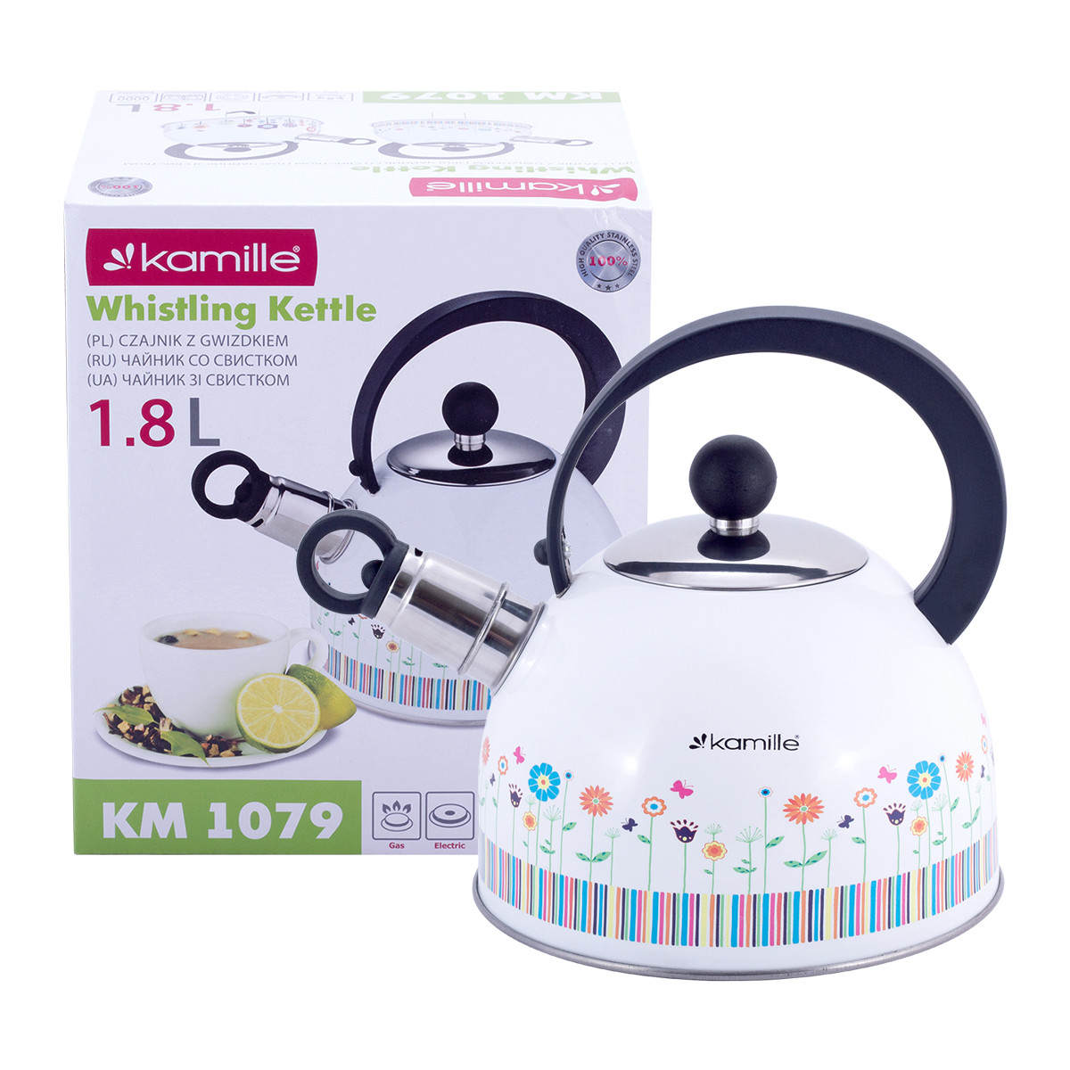 Чайник Kamille Квіти 1,8 л з нержавіючої сталі зі свистком для індукції і газу KM-1079, фото 1