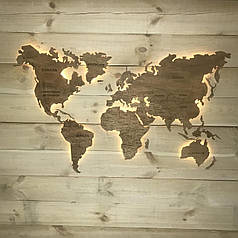 Дерев'яна карта Миру з LED підсвічуванням та гравіюванням 170х100 см коричнева 6465416