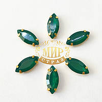 Cтразы в золотых цапах Лодочка 7х15мм Цвет Emerald Opal