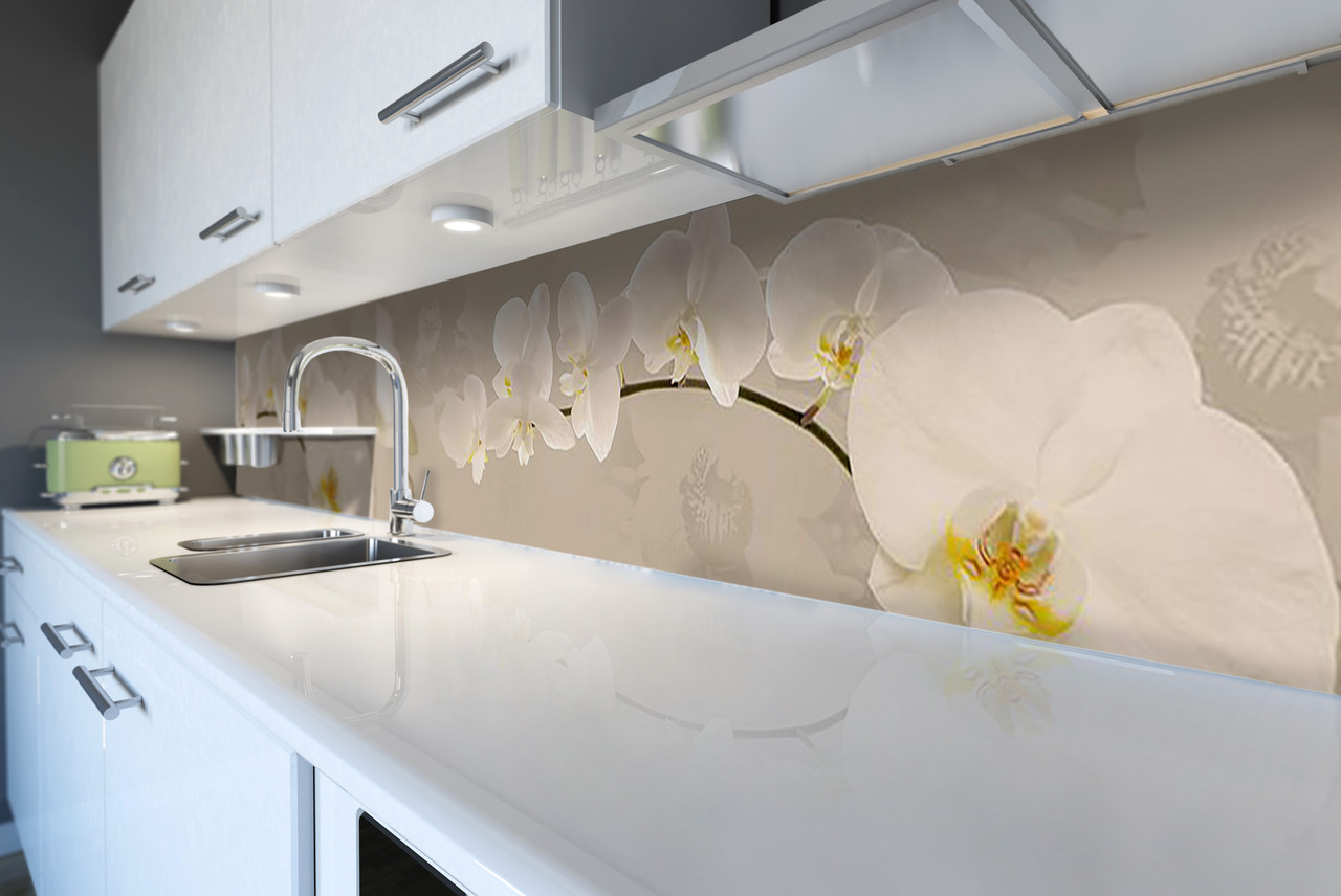 Кухонний фартух Орхідея беж (скіналі для кухні наклейка ПВХ) Квіти Бежевий 60х200 см