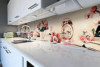 Кухонный фартук Розовое утро (скинали для кухни наклейка ПВХ) розы будильник книги Абстракция 600*2500 мм