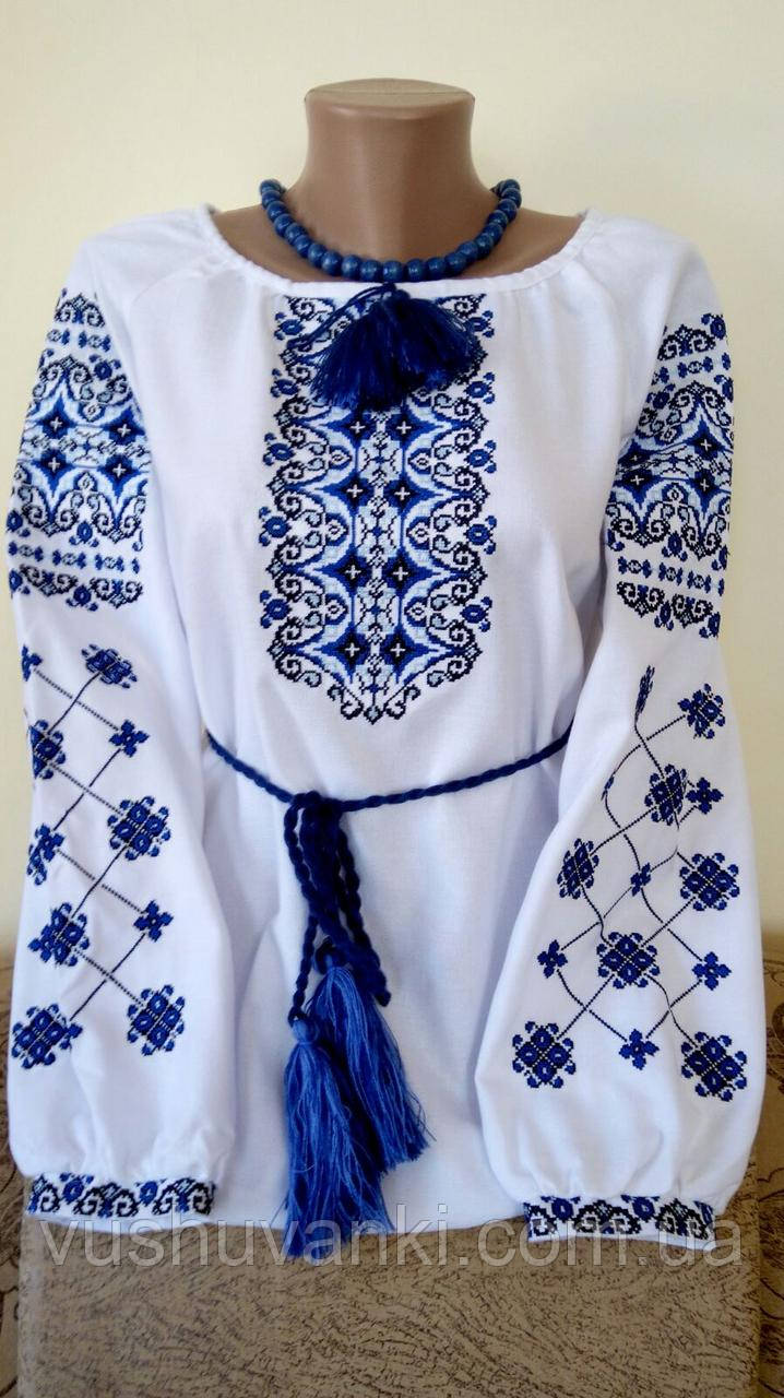Біла Вишиванка жіноча блуза з синім орнаментом "Два кольори синя"
