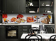 Кухонный фартук Круасаны (скинали для кухни наклейка ПВХ) выпечка красные герберы завтрак Белый 600*2500 мм
