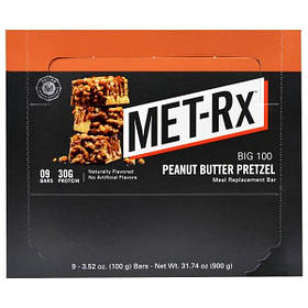 MET-Rx, Big 100, Батончик замість Їжи, Крендель з Арахісовою оливою, 9 батончиків, по 3,52 унції (100 г) кожен