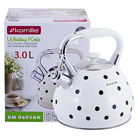 Чайник Kamille Білий 3л з нержавіючої сталі зі свистком і ручкою для індукції і газу KM-0695AN